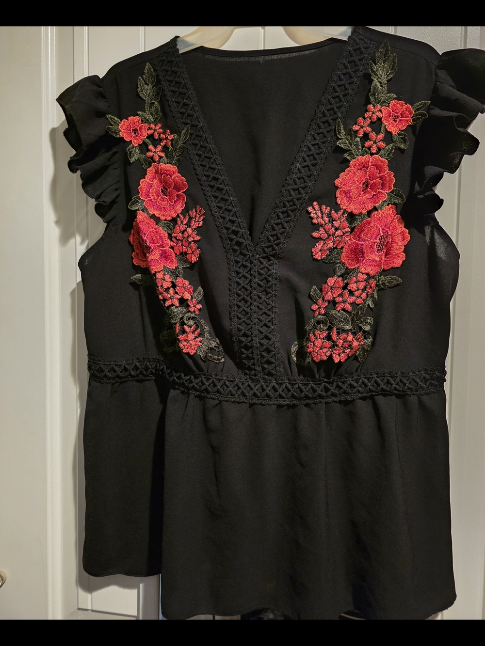 Black V-Neck Top with Red Floral Embroidery